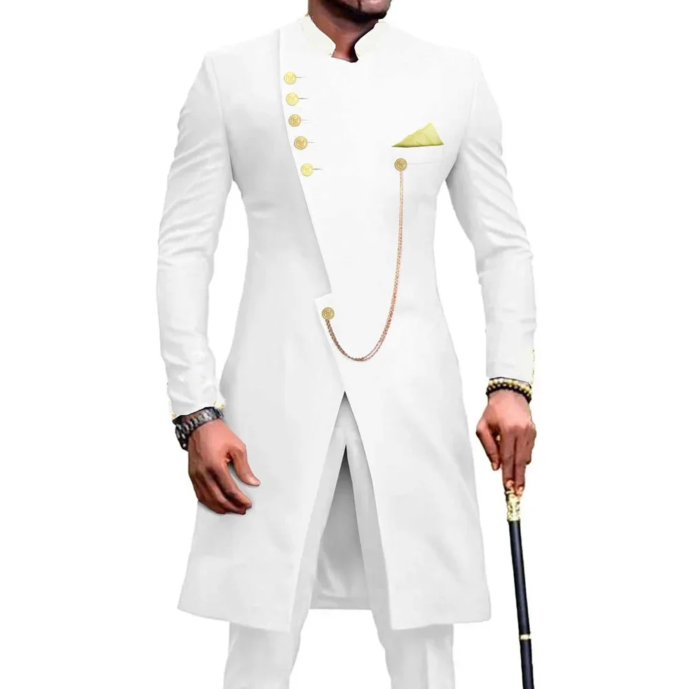 Летние однобортные мужские костюмы со стоячим воротником, элегантные повседневные халаты из 2 предметов, Свадебные костюмы жениха (блейзер + брюки) XS-6XL