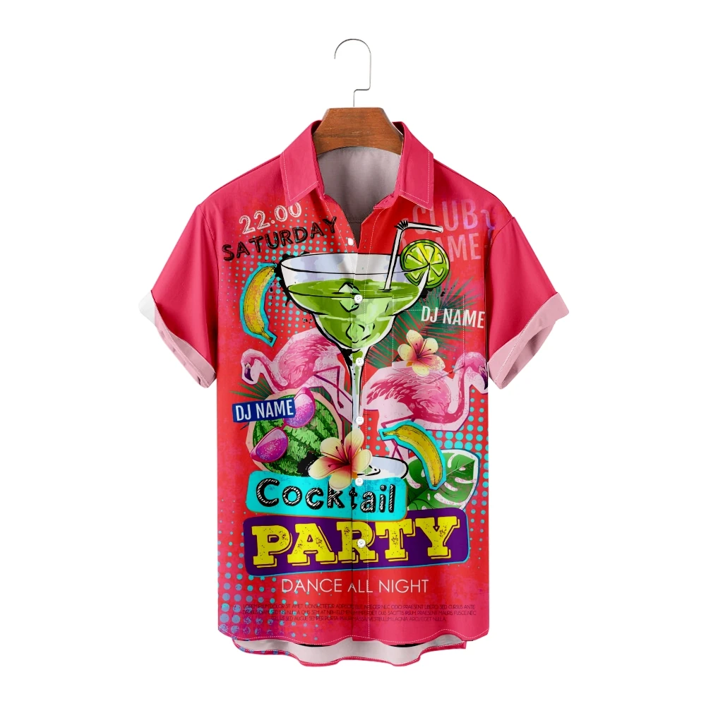 Мужские гавайские рубашки с коктейльным принтом Vacation Mojito Повседневные рубашки с коротким рукавом Прохладные летние топы Винтажные дышащие Большие размеры