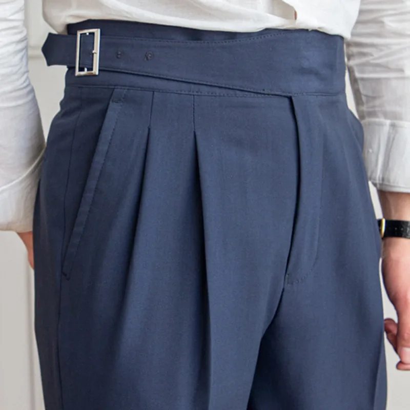 Темно-синие мужские брюки с высокой талией, прямые брюки для мужчин, Весна 2023, деловые Универсальные брюки с поясом, джентльменские брюки на пуговицах Paris