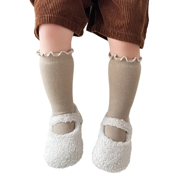 Детские гольфы до колена, хлопковые носки до середины икры для малышей, зимние хлопчатобумажные носки для маленьких девочек с рюшами