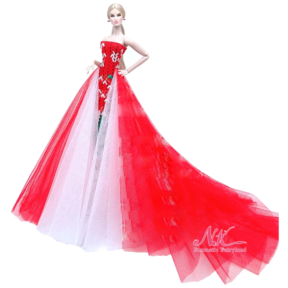 NK 1 шт. Свадебное платье для куклы в новом стиле, Одежда для особых случаев, Длиннохвостая Красная кружевная юбка принцессы, одежда для игрушек куклы Барби