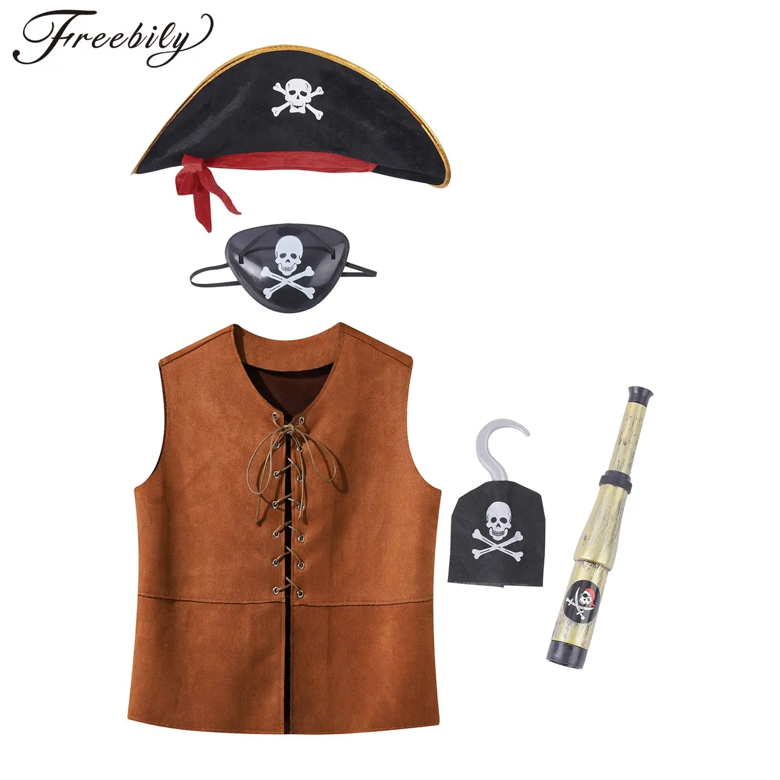 Детский костюм пирата унисекс для мальчиков, жилет без рукавов, жилет со шляпой, с завязанными глазами, телескопический крючок для костюмированной вечеринки на Хэллоуин