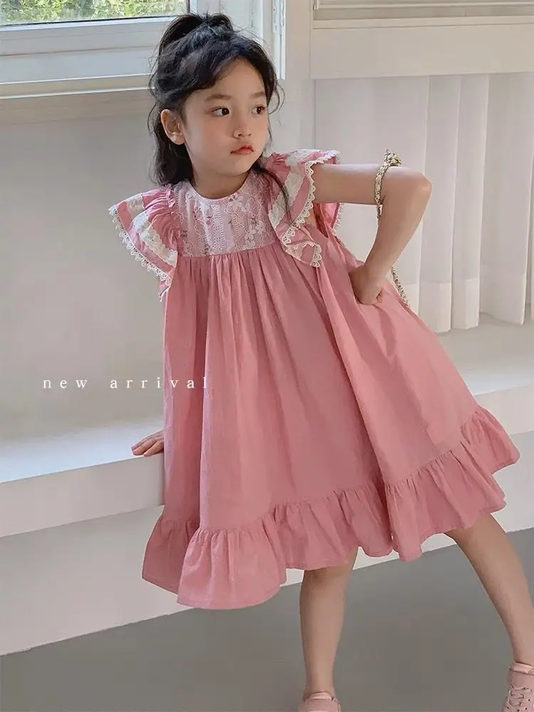 Летняя Милая юбка трапециевидной формы Для девочек, Розовое платье Принцессы с развевающимися рукавами и цветочным узором, одежда для маленьких детей, Одежда для Дня рождения 2-8