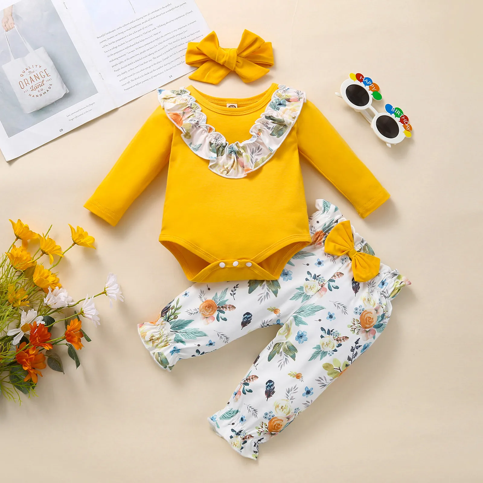 Для маленьких девочек 3-18 месяцев, Комплекты одежды из 3 предметов, Хлопковое боди с оборками + Штаны с цветочным рисунком + Повязка на голову, детские наряды, Костюмы, одежда для девочек