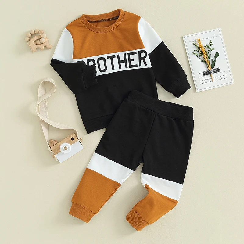 Осенне-зимняя одежда для малышей, свитшоты контрастного цвета с буквами контрастного цвета с длинным рукавом, Брюки с эластичной резинкой на талии, Комплект одежды