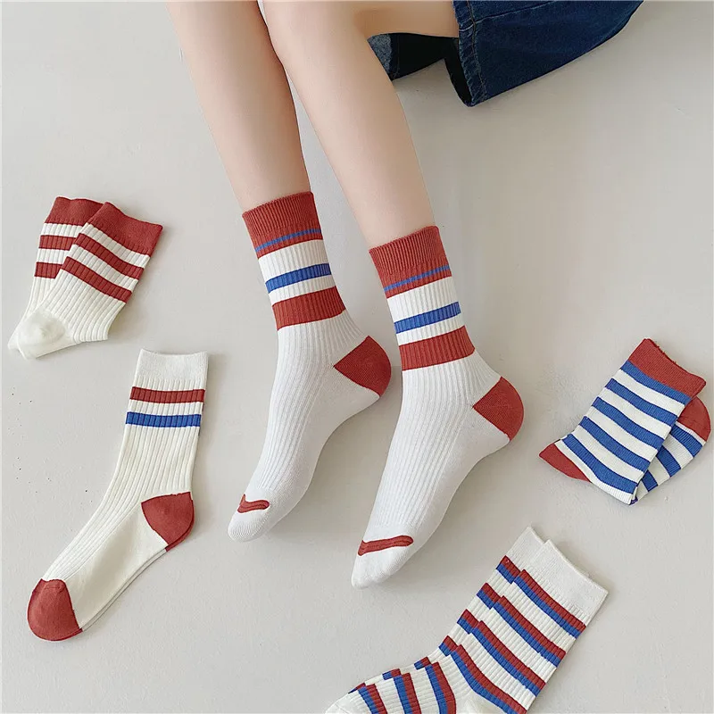 Осенне-зимние носки в полоску красного цвета, женские носки-трубочки, хлопчатобумажные носки с двойной иглой, подходящие по цвету, Оптом в японском стиле