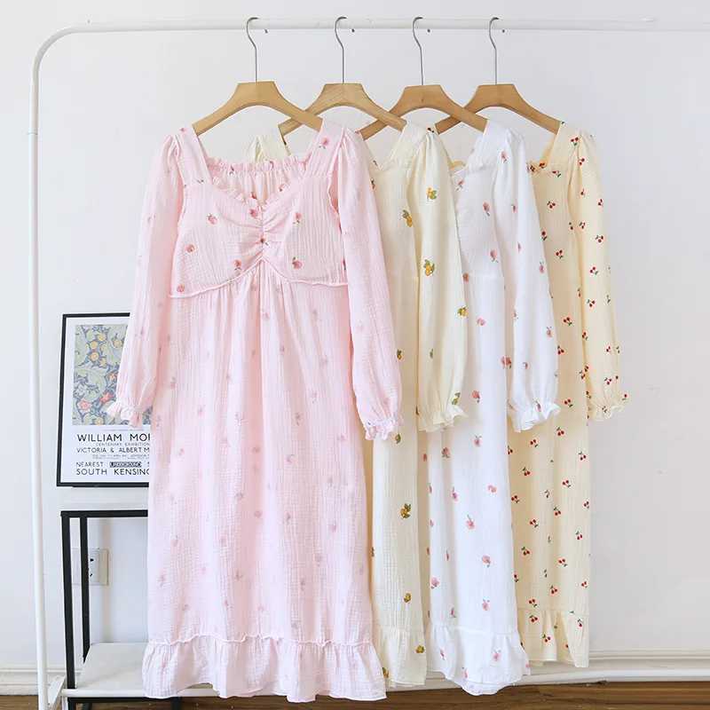 Хлопковое весенне-осеннее пижамное платье с длинными рукавами и накладкой на грудь в сказочном стиле, милая домашняя одежда, пижамная ночная рубашка