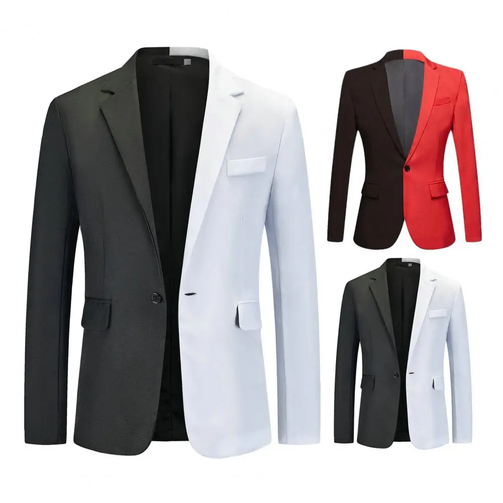 Офисное пальто контрастного цвета, приталенный костюм в стиле пэчворк контрастного цвета с карманами с клапанами на лацканах, на одной пуговице для мужчин