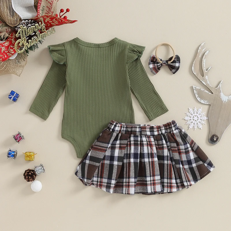 Рождественский наряд для новорожденной девочки, комбинезон в рубчик с длинным рукавом и мультяшным рисунком, клетчатая юбка, осенне-зимняя одежда