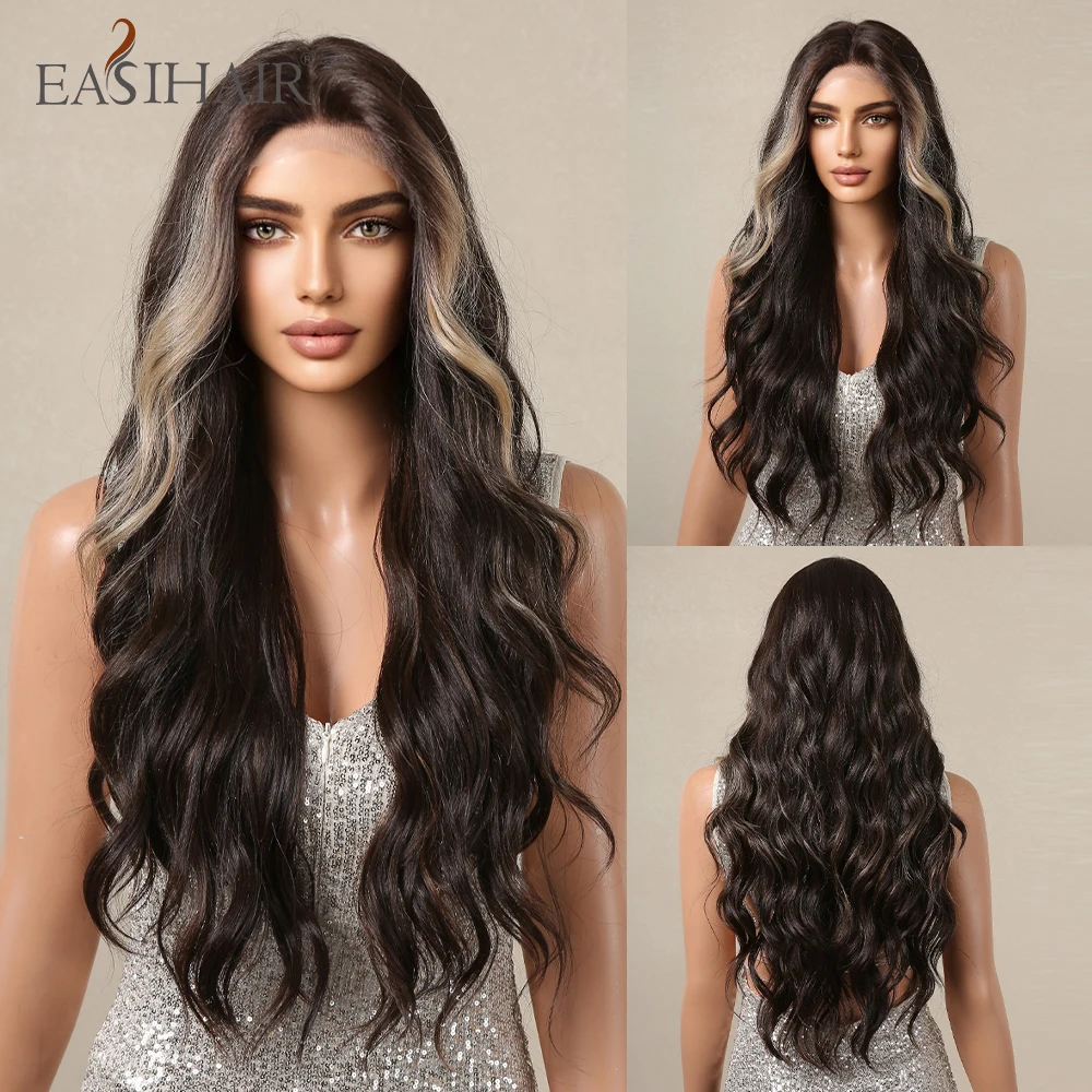 EASIHAIR Темно-коричневый длинный синтетический парик на кружеве спереди с изюминкой, натуральный волнистый парик для женщин, термостойкий кружевной парик высокой плотности