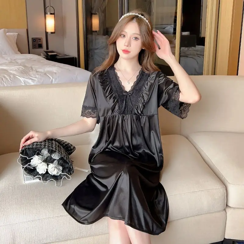 Сексуальная Кружевная Черная ночная рубашка с V-образным вырезом и Короткими рукавами, Летняя пижама Средней длины из Ледяного шелка, юбка, Женское Свободное платье, пижамы для женщин