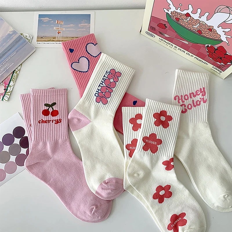 Женские Носки с розовым цветком Модные Милые Хлопчатобумажные Носки Harajuku Повседневные Корейские Японские Кавайные Носки для девочек Calcetines