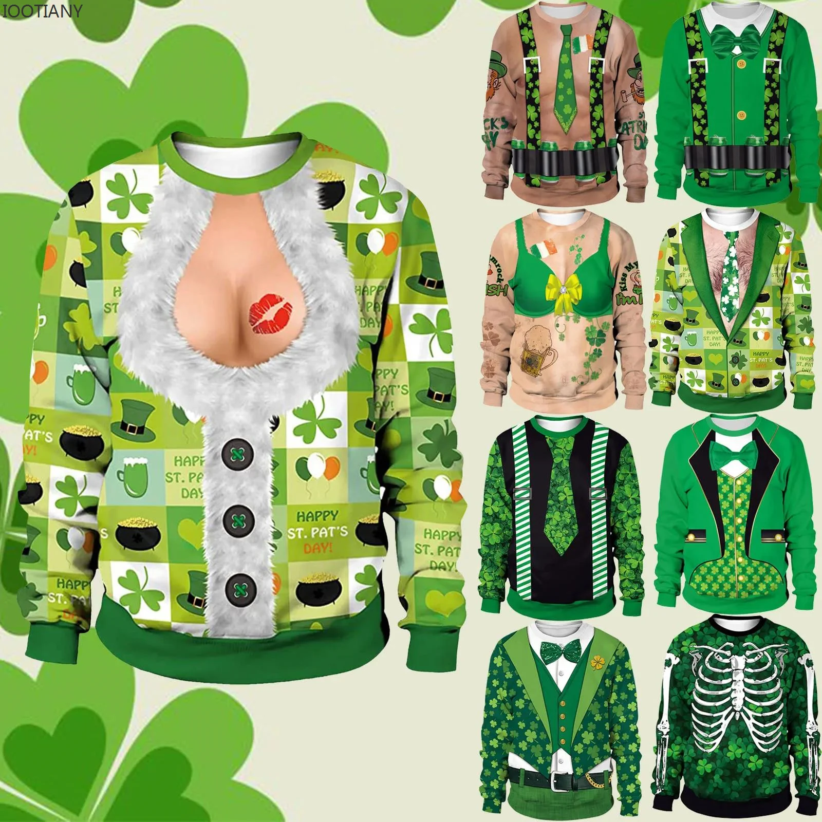 Новый весенний пуловер с круглым вырезом, толстовка для пары, Ирландский праздничный костюм с круглым вырезом, Зеленый костюм на День Святого Патрика