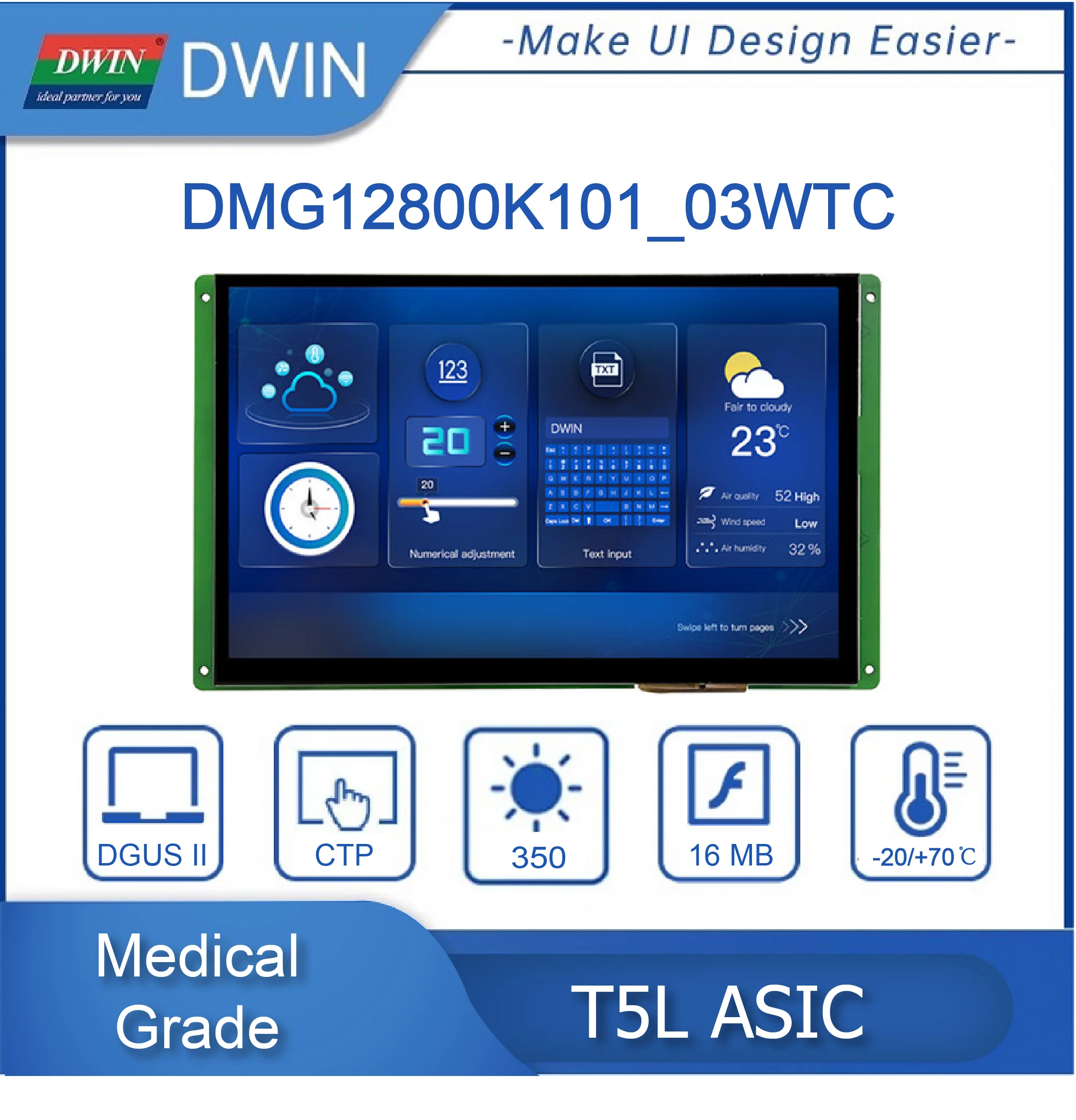 10,1-дюймовый, разрешение 1280 * 800 пикселей, Поддержка RS232 и RS485 16,7 Млн цветов, IPS-TFT-LCD DMG12800K101_03W
