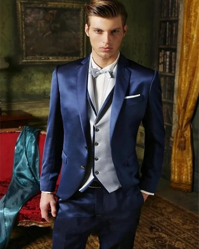 3шт Атласный мужской костюм на заказ темно-синий деловой формальный блейзер для жениха, брюки, свадебные костюмы для мужчин (пиджак + брюки + жилет + галстук)