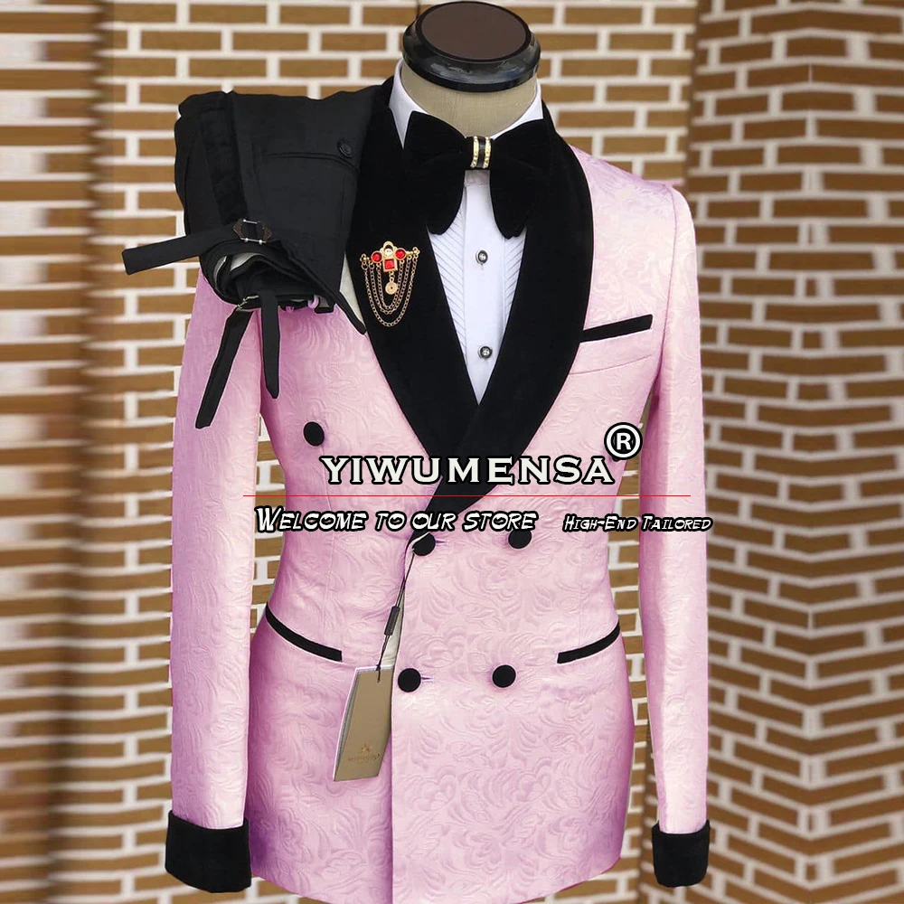 Ярко-розовые костюмы Мужские для свадьбы, черный бархатный пиджак с лацканами, Брюки, 2 предмета, Смокинг для жениха, Большие размеры, Двубортный блейзер, комплекты