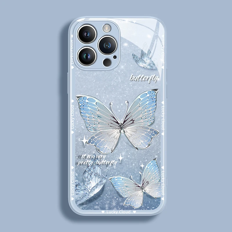 Бабочка Жидкая Металлическая Краска Стеклянный Чехол Для Телефона iPhone 15 14Plus 13 12 11Pro Max Модная Защита От падения Для X XS XR Funda