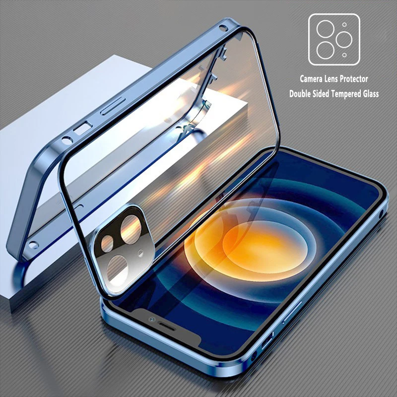 Металлический чехол из двухстороннего стекла с магнитной адсорбцией 360 для iPhone 13 12 Mini 11 14 Pro XS Max XR, защитная пленка для объектива камеры