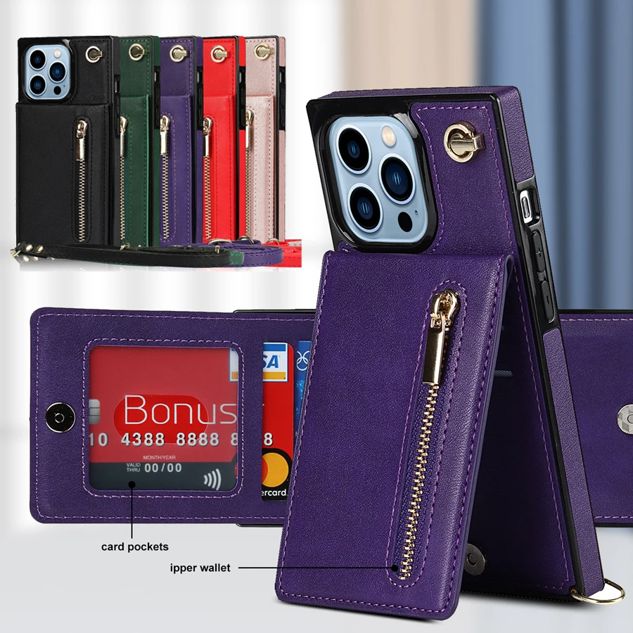Кожаный чехол-бумажник с диагональным кронштейном на молнии Для iPhone 15 14 13 Pro Max 12 Pro Max 11 Pro Max SE 2022 XR XS Max 8 7 6S Plus Case