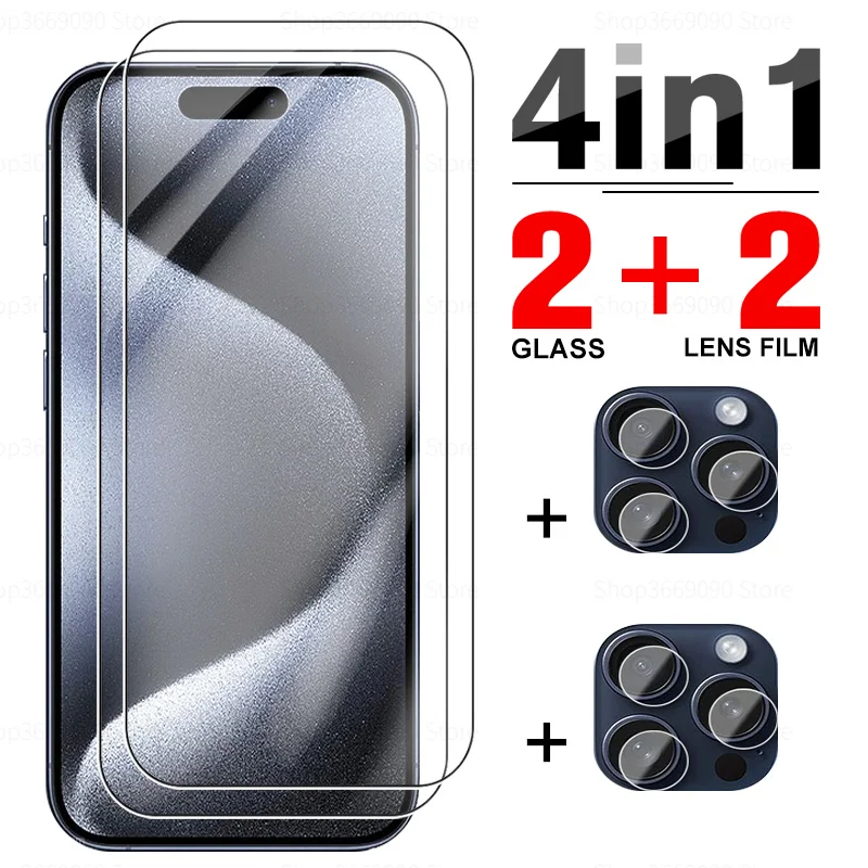 Закаленное Стекло 4в1 Для Iphone 15 Pro Max С Полным покрытием, Защитные Пленки для Iphone 15 Plus, Iphone15, Ifone 15Pro, Пленки для линз ProMax