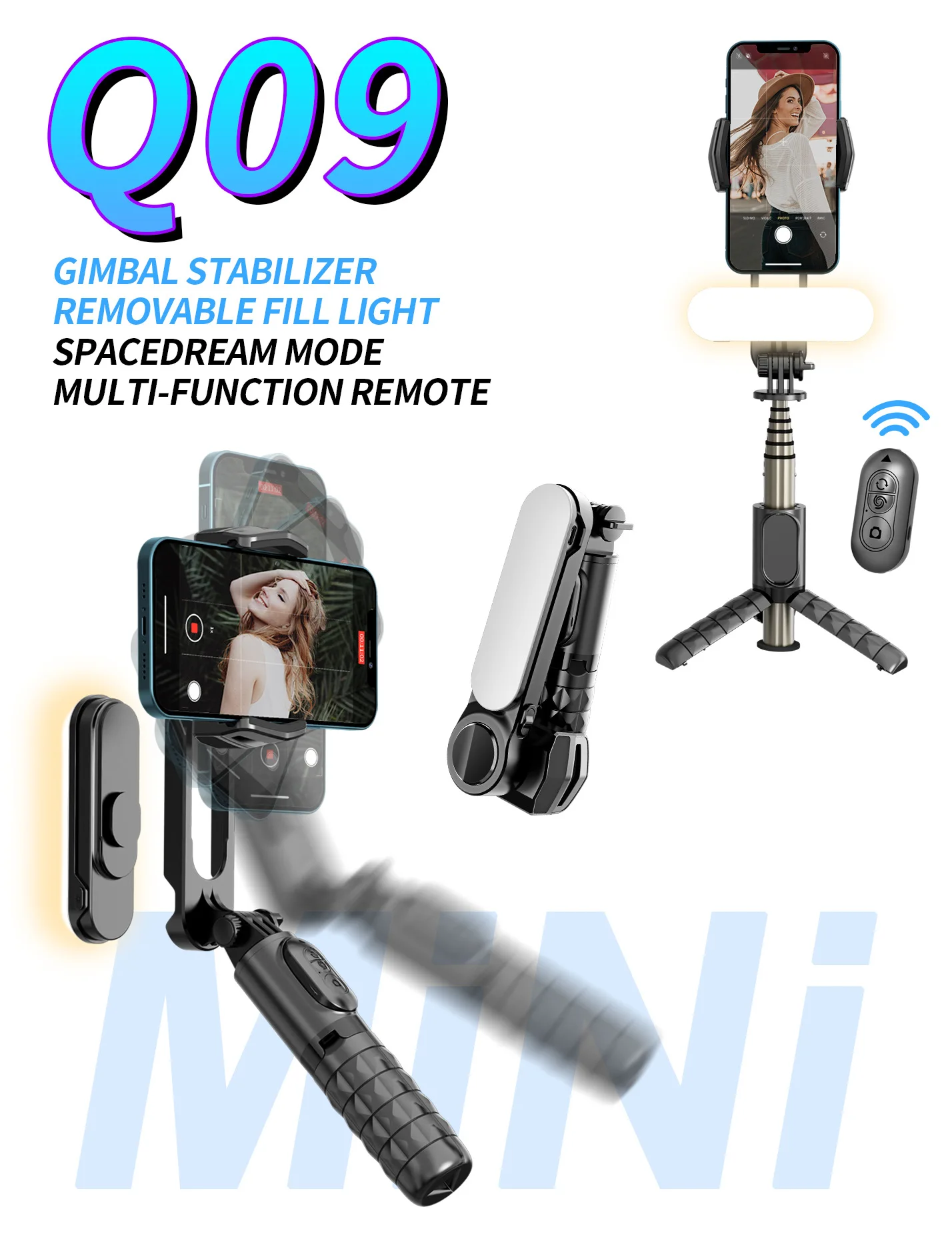 Q09 Беспроводная Bluetooth палка для селфи, штатив, ручной карданный стабилизатор, монопод с затвором fill light для IOS Android