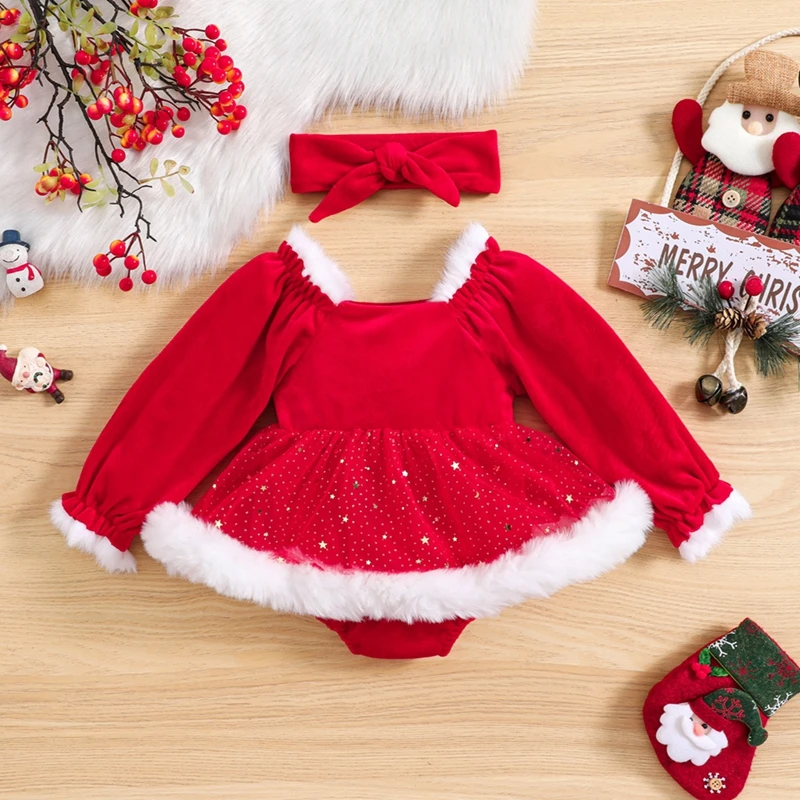 Для новорожденных девочек 0-18 м, 2 предмета, рождественские наряды, бархатный комбинезон с длинным рукавом, платье с повязкой на голову, комплект милой детской одежды
