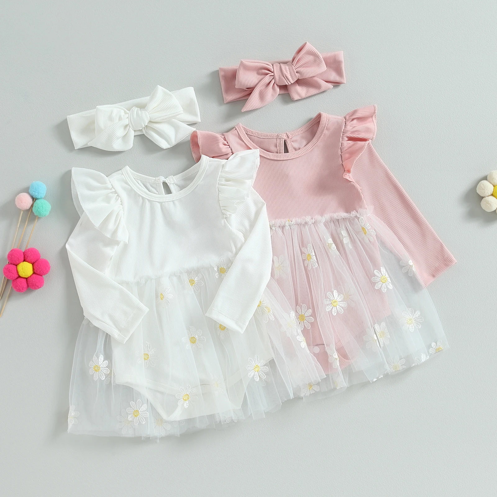 Осенний комбинезон для маленьких девочек, сетчатая одежда принцессы с оборками и цветочной вышивкой, с повязкой на голове, одежда для новорожденных