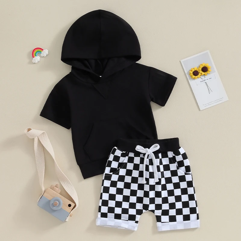 Летняя одежда для маленьких мальчиков с капюшоном контрастного цвета, футболка с коротким рукавом, топ, эластичные шорты, комплект летней одежды.