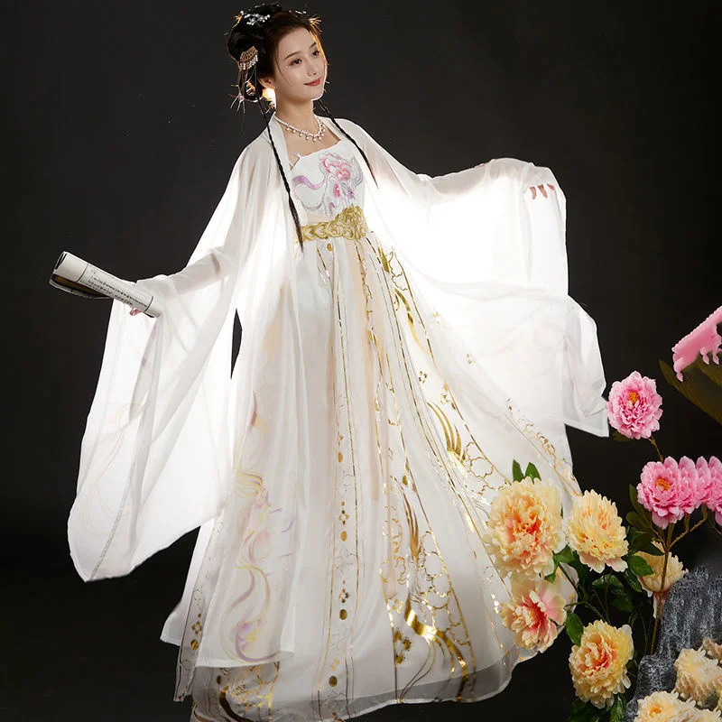 Белая женская рубашка Hanfu династии Тан со свободными рукавами, вышитый древний костюм, Повседневная фея, элегантная женщина, китайские платья