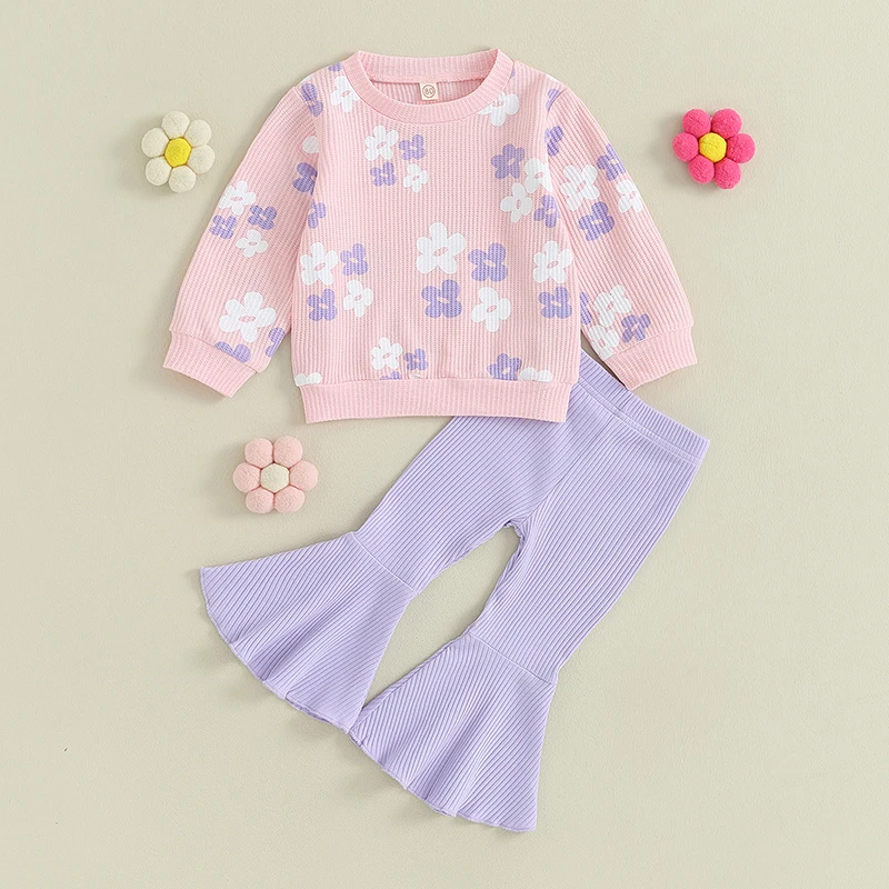 Повседневный Милый цветочный принт для малышей, 2 предмета, весенне-осенняя одежда, топы с длинными рукавами + расклешенные брюки, комплект из рубчатого трикотажа для маленьких девочек, 2 предмета