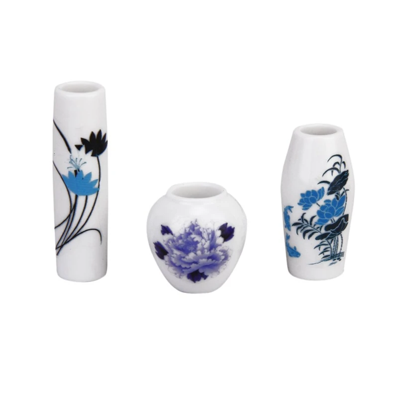 Набор из 3 шт. миниатюрной пластиковой вазы для цветов в кукольном домике --- Цветочная роспись в синем цвете