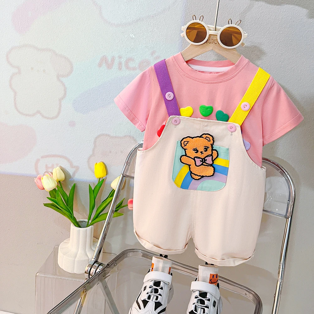 Милая мягкая детская летняя одежда Gilrs, Новый стиль, милые шорты с мультяшными животными, подтяжки, комплект из двух предметов