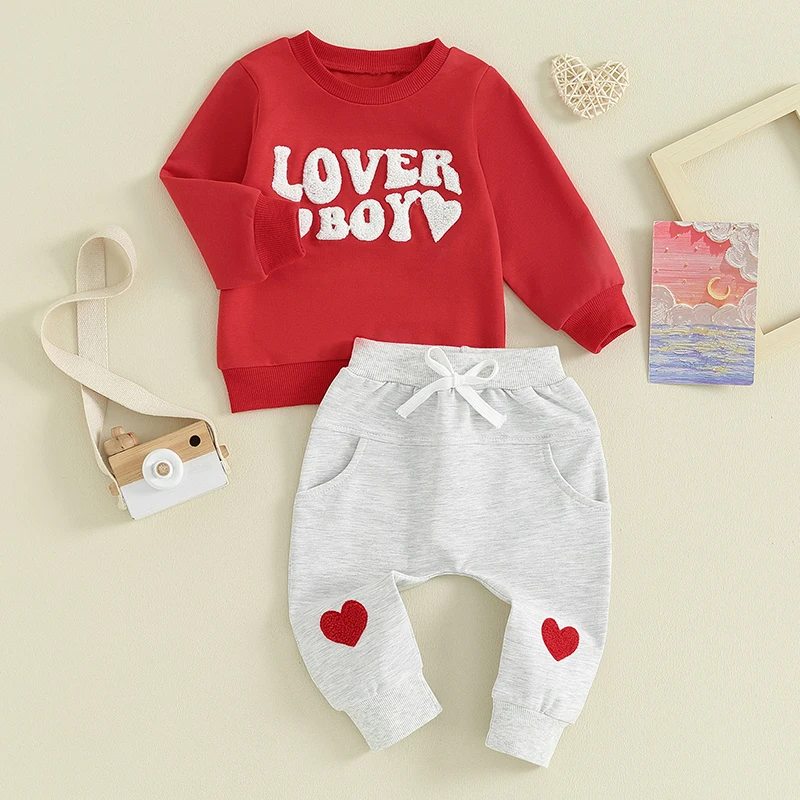 Одежда на День Святого Валентина для маленьких мальчиков, толстовка с длинными рукавами и эластичными штанишками с вышивкой буквами, осенняя одежда для малышей
