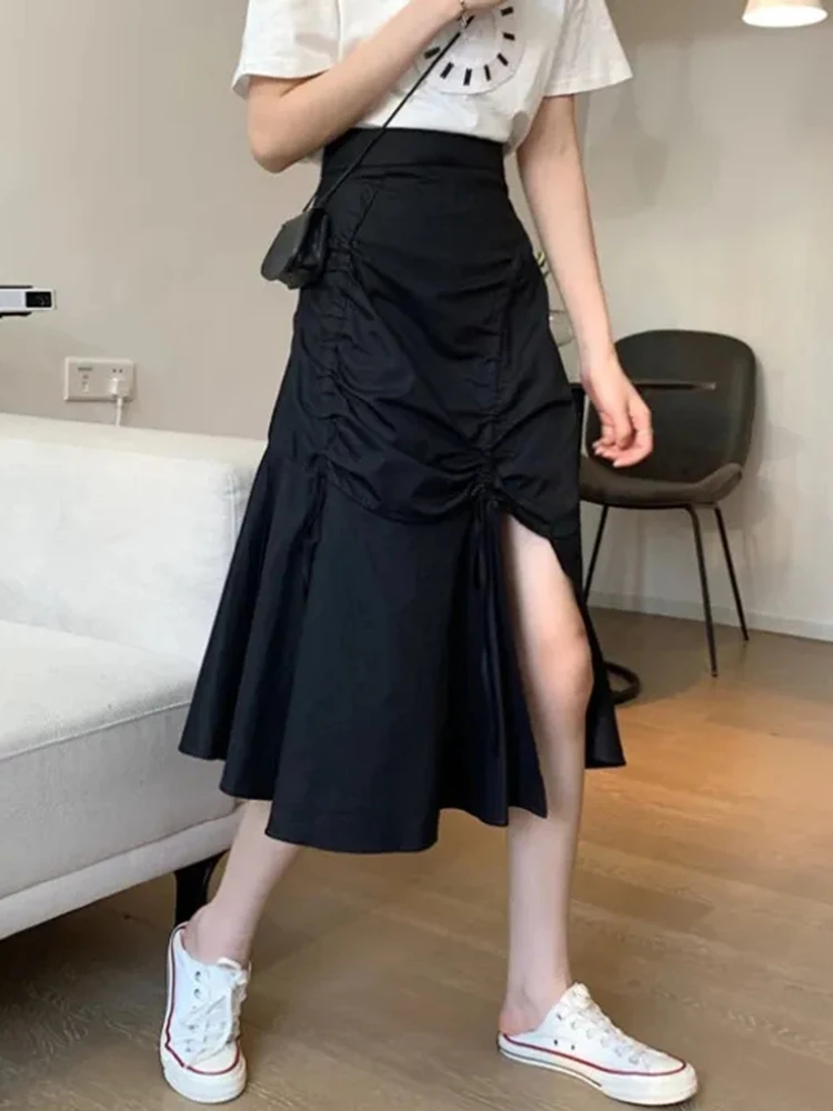 Готическая черная юбка Миди с разрезом на шнурке, женские юбки Harajuku с высокой талией, нерегулярные юбки трапециевидной формы, уличная винтажная женская юбка