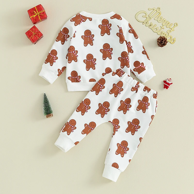 Комплекты рождественских штанов для маленьких девочек, толстовка с длинным рукавом и принтом в виде пряников, топы, брюки на завязках, комплекты