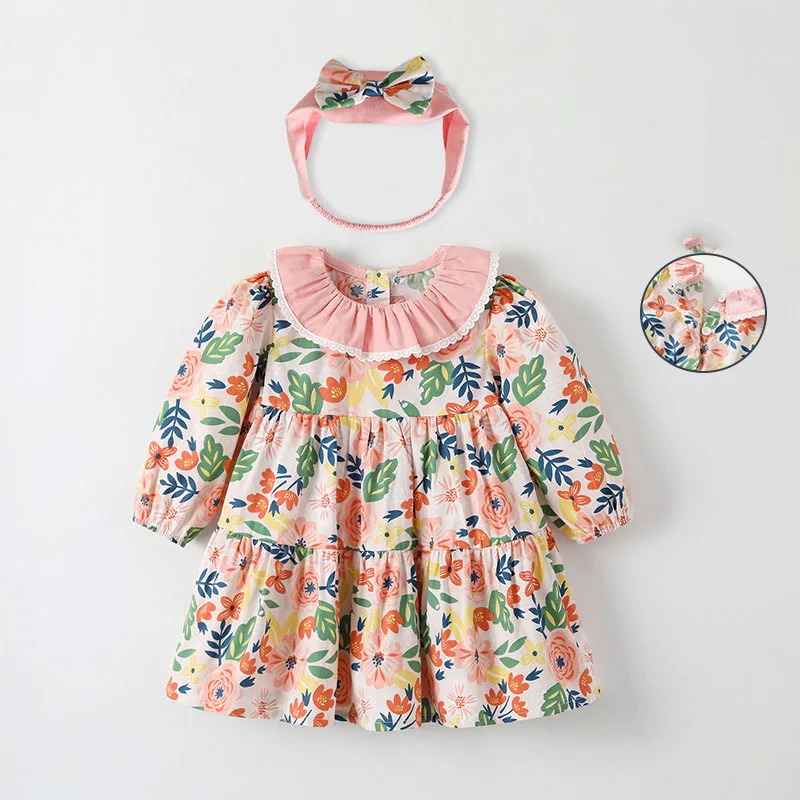 2023 Весенне-осеннее Корейское платье для маленьких девочек из хлопка с длинным рукавом и цветочным рисунком, свободные платья для маленьких девочек, одежда для маленьких девочек