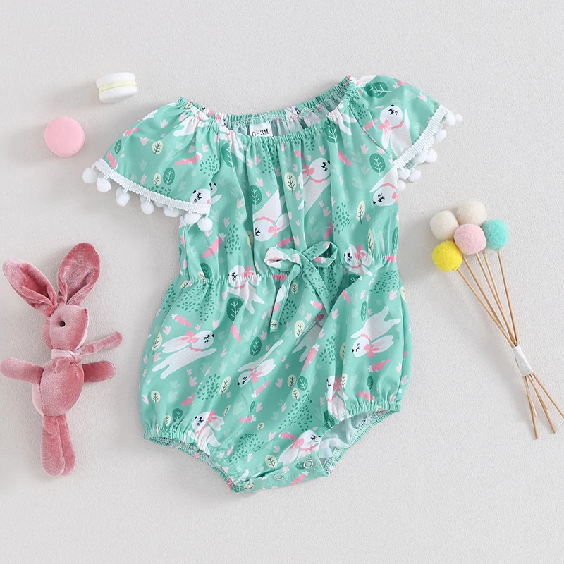Пасхальный комбинезон для девочки с открытыми плечами, короткий рукав, Боди с принтом Кролика в виде дерева, одежда для новорожденных