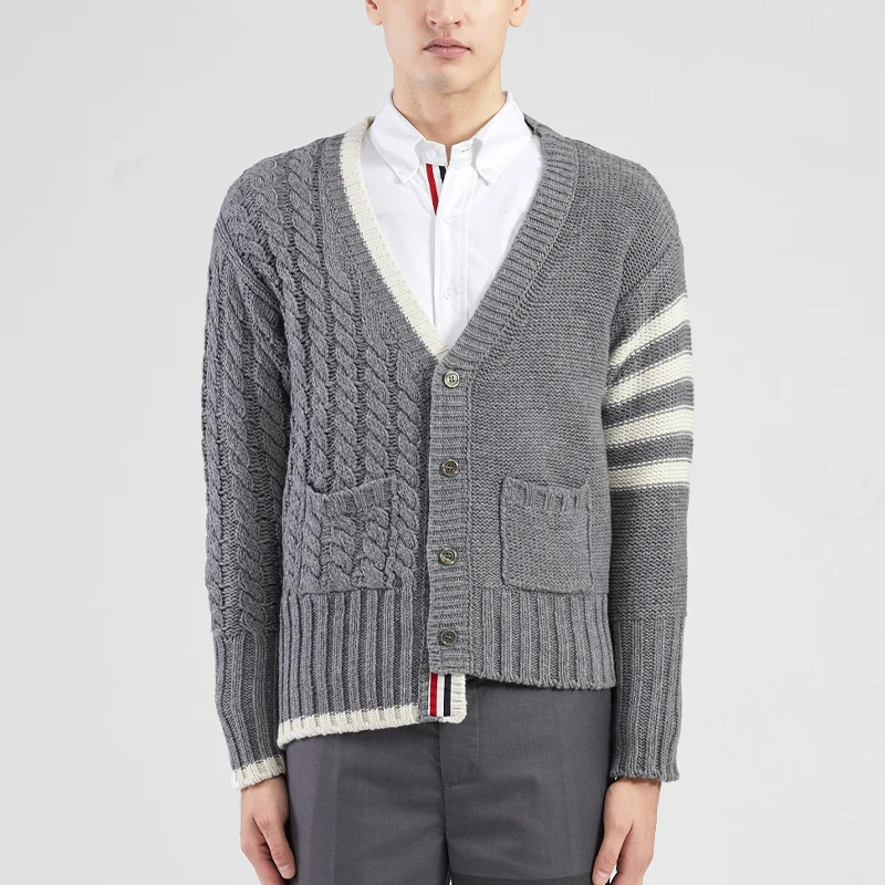 Мужской свитер в полоску с 4 полосками, мужские топы, осень-зима, Корейский тренд, вязаный Женский кардиган с V-образным вырезом неправильной формы, пальто для мужчин
