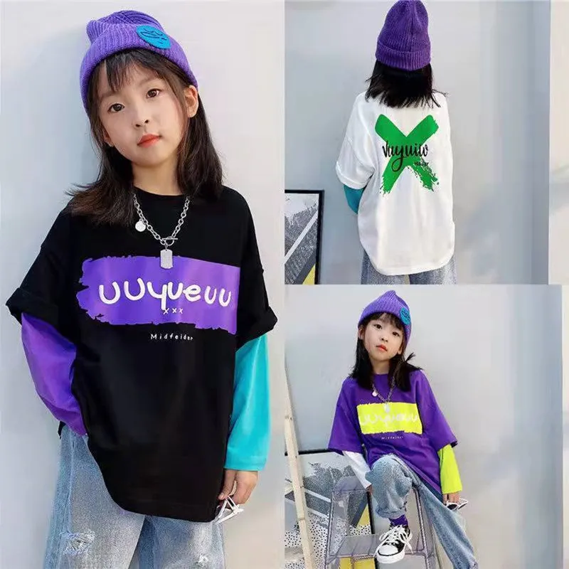 Весна 2023, контрастный цвет, Свободная Корейская детская одежда для детей от 4 до 12 лет, поддельный пуловер-двойка с длинным рукавом в стиле пэчворк