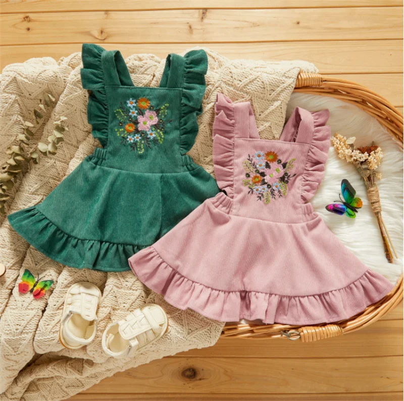 Повседневная вельветовая юбка на подтяжках с оборками для новорожденных девочек, винтажное платье принцессы трапециевидной формы с цветочной вышивкой, 3 месяца-3 года
