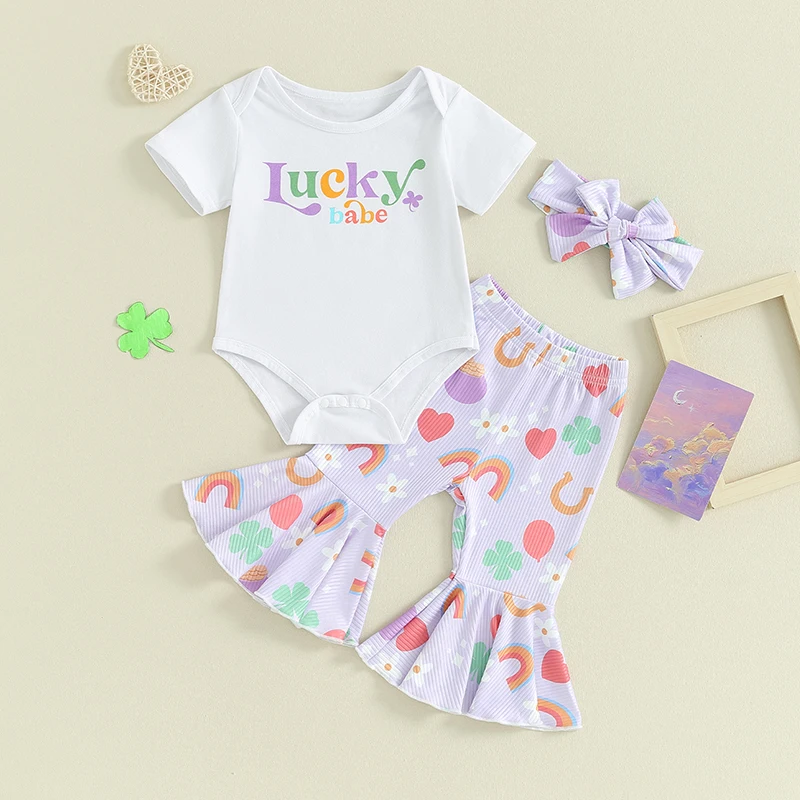 Комплект одежды на День Святого Патрика для новорожденной девочки из 3 предметов, футболка с короткими рукавами и надписью, топы, расклешенные брюки, комплект из 3 предметов