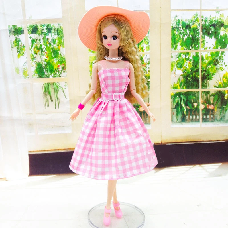 1 комплект кукольной одежды 30 см, 1/6 Модная шляпа для кукол, Розовая юбка в клетку, Ожерелье, браслет, Комплект обуви на высоком каблуке, аксессуары для наряжания кукол