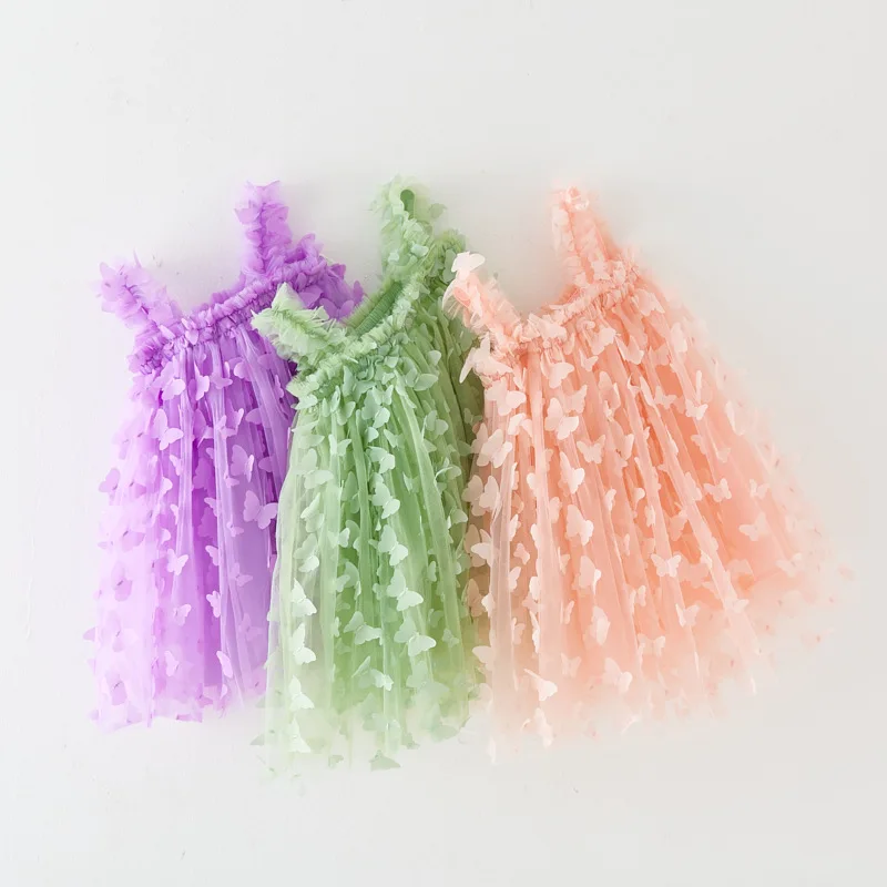 Новое летнее платье для девочек, милые детские платья из тюля с бабочками, слинг без рукавов, повседневная детская одежда, платье для девочек на день рождения
