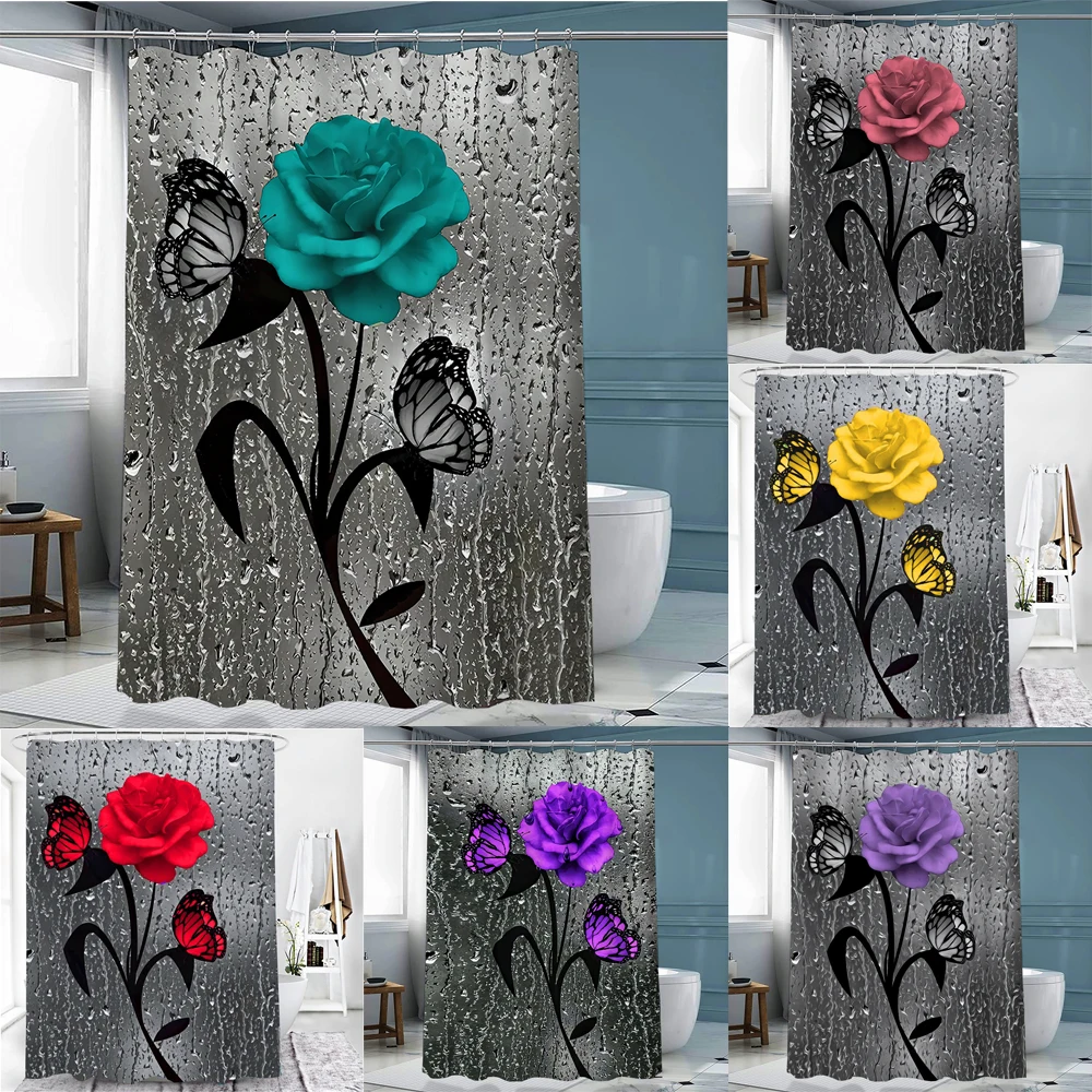 Занавеска для душа с 3D принтом розы, водонепроницаемая занавеска для ванной из полиэстера, занавеска для ванной с цветочным принтом, украшение ванной комнаты с бабочками