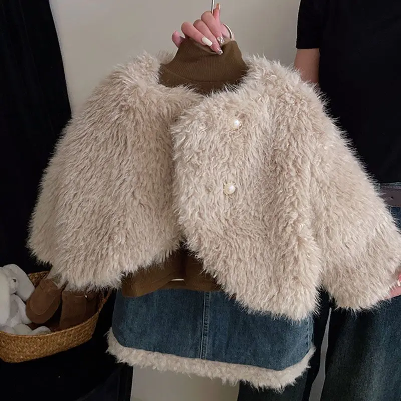 Зимний комплект для девочек, Новый модный шерстяной кардиган, пальто, теплая свободная утепленная джинсовая юбка, зимний комплект из двух предметов