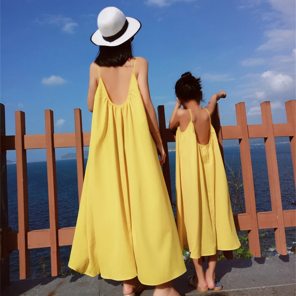 Лимонно-желтое платье-слинг с большим подолом, Летние богемные платья для мамы и дочки, Повседневные Пляжные Удлиненные Семейные платья.