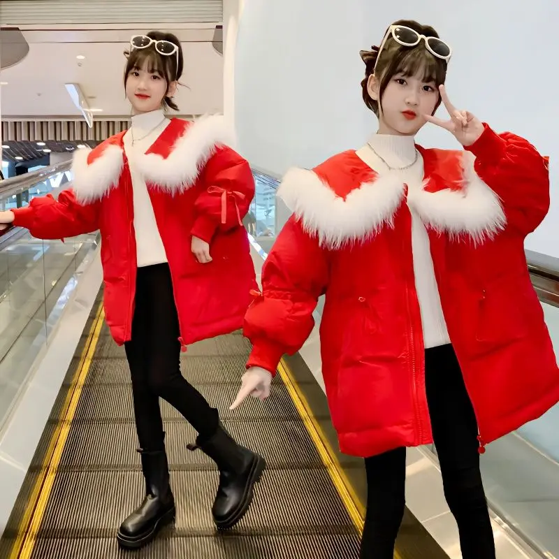 2023 Новое зимнее красное хлопковое пальто для девочек, Детская пуховая хлопковая куртка, утепленные теплые парки с лацканами, Верхняя одежда на Новый год