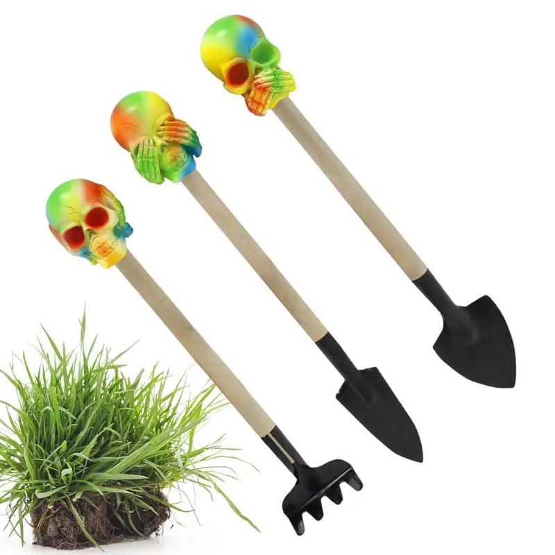 Миниатюрная садовая лопата, набор из 3 лопат-черепов, грабли для комнатных растений, нержавеющие садовые лопаты с железными головками для маргаритки
