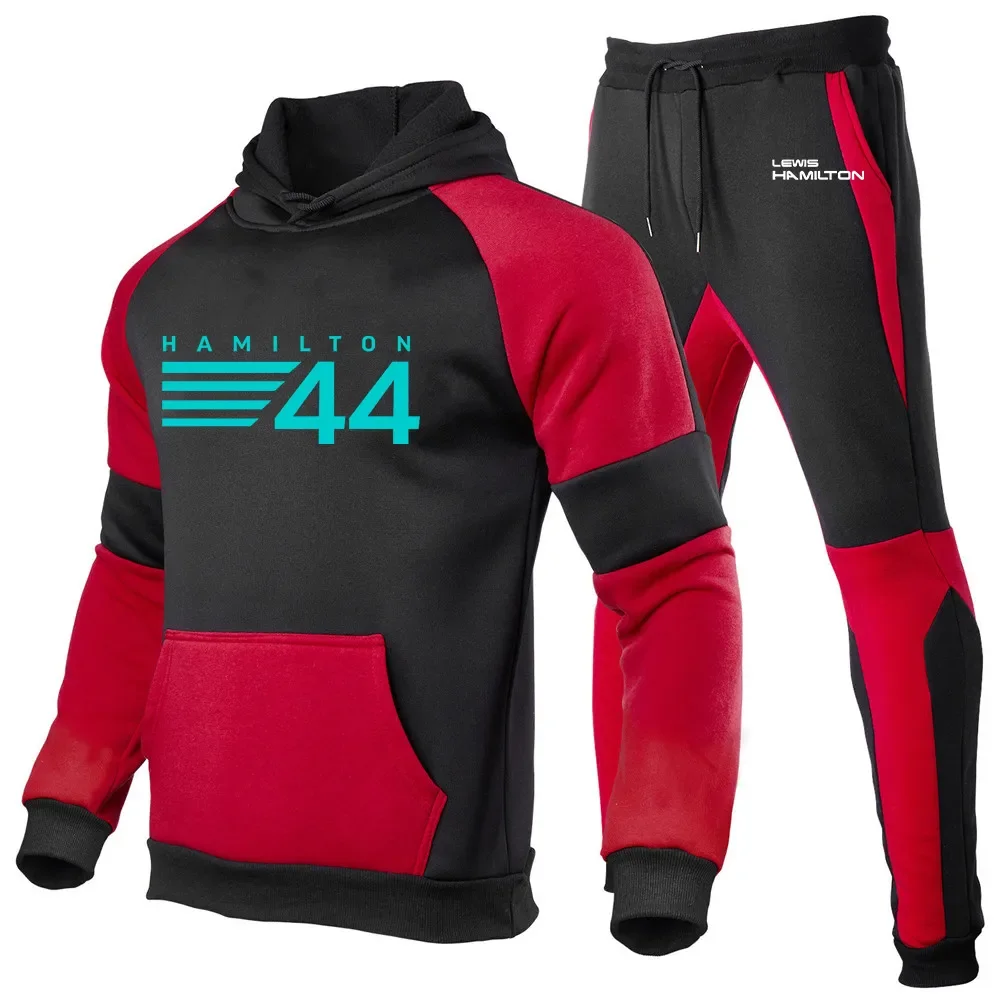 Осенний мужской Новый пуловер с капюшоном для пилота Формулы-1 Льюиса Хэмилтона с логотипом Digital 44 + спортивные штаны, однотонные комплекты из 2 предметов в стиле пэчворк