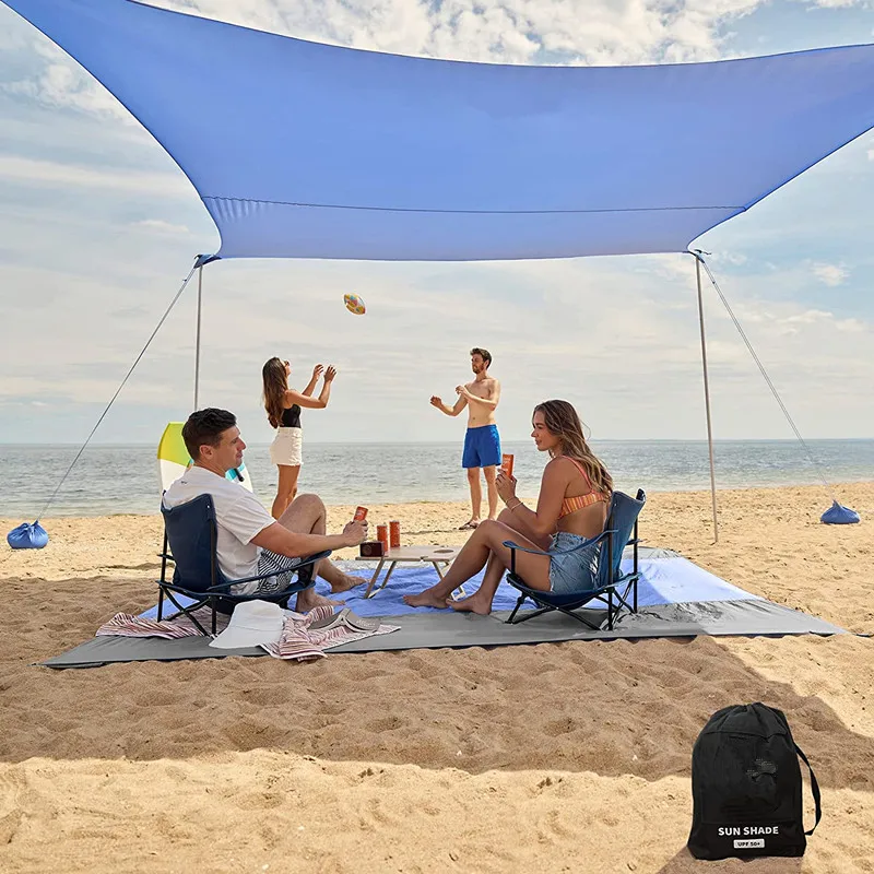 Пляжный Тент Sun Shelter - Пляжный Навес размером 8x8 футов с 4 Удлиненными шестами, Большими мешками с песком и лопатой